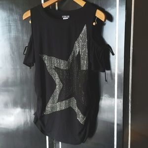 Venus Star Studded Sparkle Open Shoulder Black Top NWOT